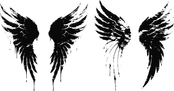 Grunge black angel wings set with splatter paint effect in different styles and shapes