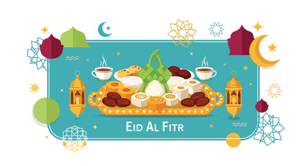 Naklejka premium A beautifully illustrated golden tray filled with traditional Eid al-Fitr delicacies and flanked by lanterns is displayed on a decorative teal panel with Islamic motifs, Generative AI