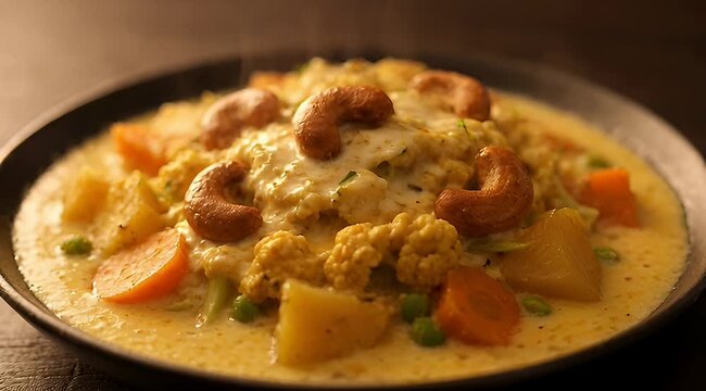 Delicious Navratan Korma with Cashew Nuts and Creamy Gravy on a Plate