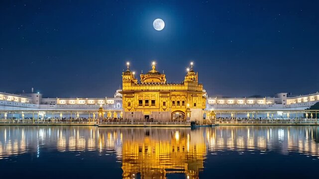 Baisakhi festival celebration night scene at golden temple in punjab with moonlight reflection in holy water symbolizing spiritual culture heritage and harvest season video animation footage