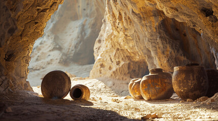 Ancient archaeological discovery of clay jars and pottery artifacts inside a sunlit desert cave with textured rock walls and sandy floor reflecting historical heritage and treasure excavation site