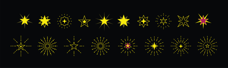 Illustration of collection of golden star bursts and twinkles on black background, various styles of light effects and sparkles for festive or magic design elements © SadikRoss