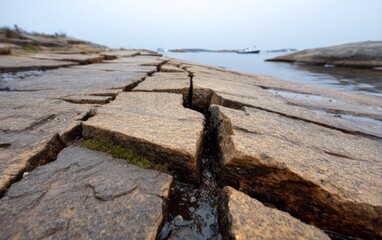 Quiet Hours Before Sunrise on Rocky Shoreline with Water and Boats
