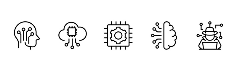 Obraz premium Artificial intelligence set of web icons in line style. AI technology icons for web and mobile apps. Machine learning, algorithm, smart robotics, cloud computing network Vector illustration