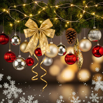 Christmas Tree Decorations with Red, Silver, and Gold Ornaments, Pinecone, and Golden Bow with String Lights and Snowflakes