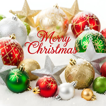Merry Christmas festive holiday decorations with red green gold and white ornaments and stars in snowy scene