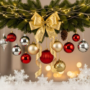 Christmas Tree Decorations with Red, Gold, and Silver Ornaments, Pine Branches, Golden Bow, and Fairy Lights