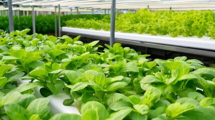 Modern Hydroponic Farm View with Stacked Plant Beds in Lush Greenery