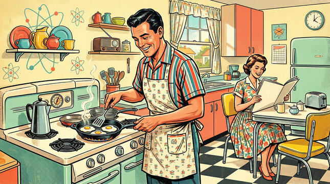 Retro 1950s style illustration of a happy couple in a vintage kitchen during breakfast.