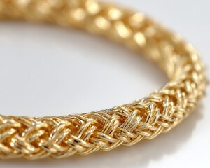 Obraz premium Primo piano su una maglia intrecciata di una catena o bracciale in oro giallo lucido su sfondo bianco.