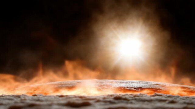 Fiery Inferno: A blazing inferno ignites the horizon. Burning flames dance across the foreground, while a radiant sun illuminates the sky.