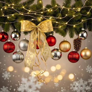 Christmas Tree Decorations with Red, Gold, and Silver Ornaments, Pinecone, and Warm Fairy Lights on Branches with Golden Ribbon Bow