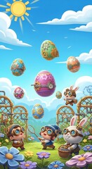 Steampunk easter eggs in a sunny garden scene with children and bunnies for banner design and spring holiday background