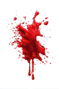 A vivid splatter of crimson liquid on a stark white background, resembling a bloodstain