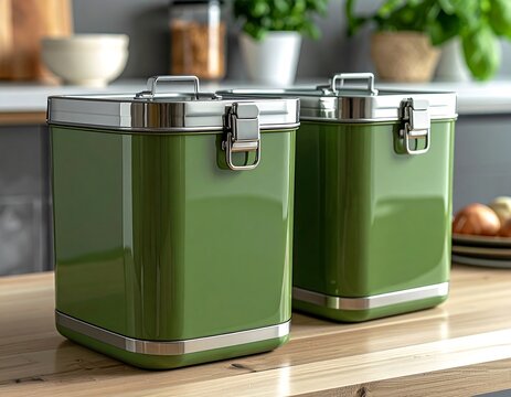 Two olive-green, rectangular, airtight canisters on a wooden surface