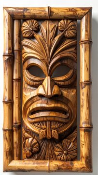 Ornate Carved Wood Tiki Mask with Bamboo Frame on White Background