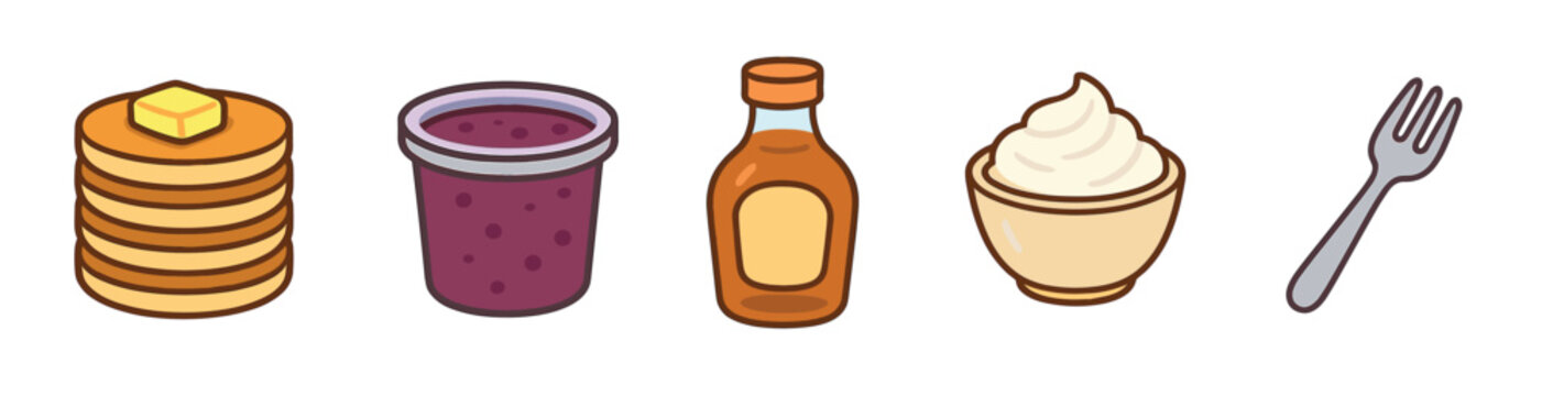 Set of cute cartoon breakfast food icons featuring a stack of pancakes with butter, a jar of jam, a bottle of syrup, a bowl of whipped cream, and a fork illustration