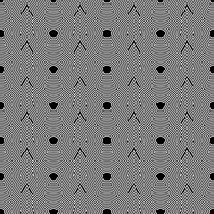 Fish scale wallpaper. Asian traditional ornament with repeated scallops. Repeated white triangular and circular shapes on black background. Seamless surface pattern design with scales. Squama motif. © funkyplayer