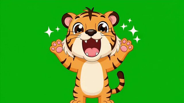 Cute Cartoon Tiger Cub Sitting Upright with Large Expressive Eyes on Bright Green Background