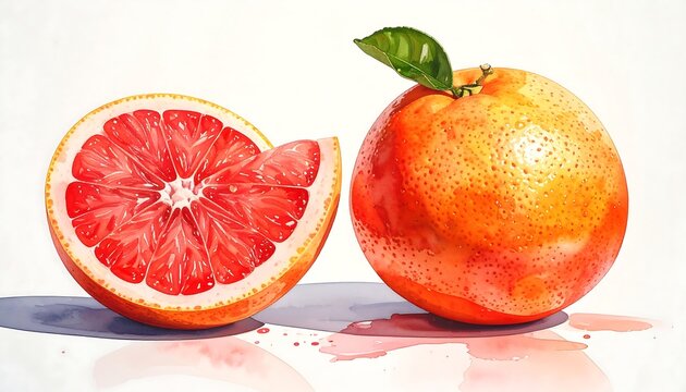Vibrant Watercolor Painting of Fresh Grapefruit with Leaf.