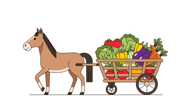Brown horse pulling a wooden cart overflowing with colorful fresh vegetables