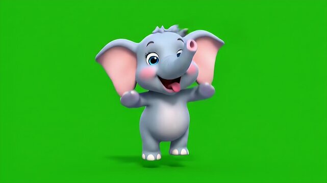 Cute Cartoon Elephant Character Smiling and Waving on Bright Green Background
