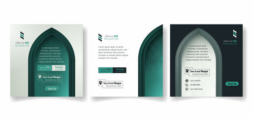Set of social media template with mosque dome for eid mubarak in light green and white background © Labib_Retro
