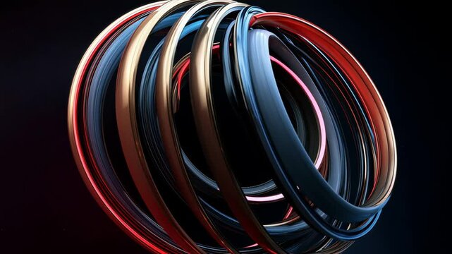 Gold and blue metallic rings rotate and intertwine smoothly on a dark background, reflecting bright highlights