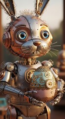 Close up robot bunny with expressive eyes holding a filigree steampunk egg for spring poster or wallpaper background design