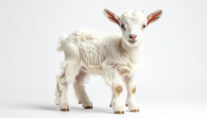 Obraz premium Cute White Baby Goat Kid Standing on White Background Animal Portrait
