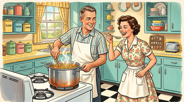 Happy 1950s Couple Cooking Together in a Retro Kitchen