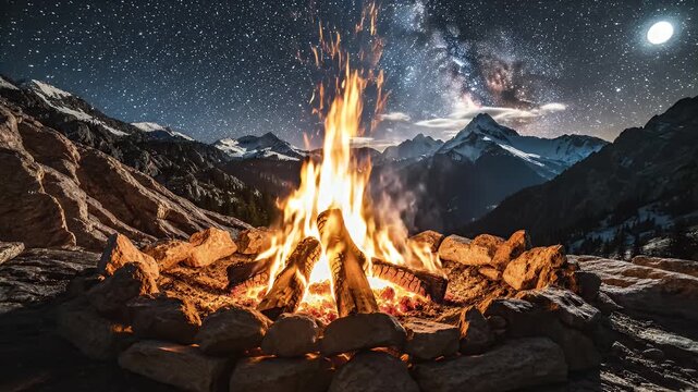 Campfire Burning Bright Under Starry Night Sky in Mountain Environment