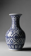 Beautiful white vase with blue floral patterns on gray background  decorative ceramic object