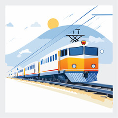 Obraz premium Vector art of a large freight locomotive pulling multiple cargo cars, dynamic speed lines