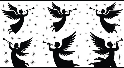 Black silhouette angels playing trumpets with stars, Christmas heavenly music scene collection, spiritual celebration concept, festive vector illustration © Samiul