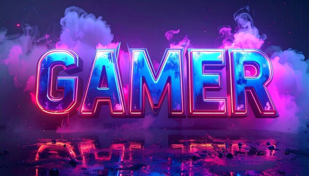 Vibrant, 3D "GAMER" , blue and pink tones, surrounded by smoke and reflections