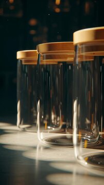 Glass jars with wooden lids on a surface