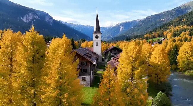 Scenic autumn view of a Swiss village with church and mountains