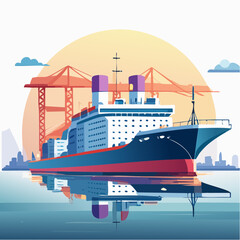 Obraz premium Vector art of an enormous cargo ferry docking at port, cranes and containers in background