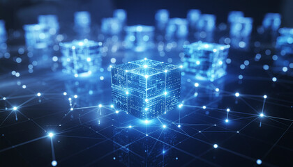 Obraz premium Abstract futuristic illuminated cubes connected by network lines and light