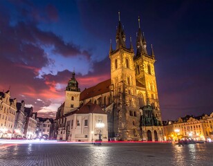 Obraz premium Tyn Church in Prague at Dusk - A Gothic Masterpiece.