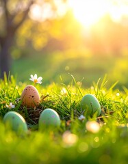 Obraz premium Easter Eggs in Grassy Field Bathed in Warm Sunlight