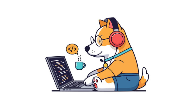 Cartoon dog coder wearing headphones and glasses working on a laptop