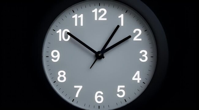 Illuminated analog clock face with hands indicating ten ten on black background