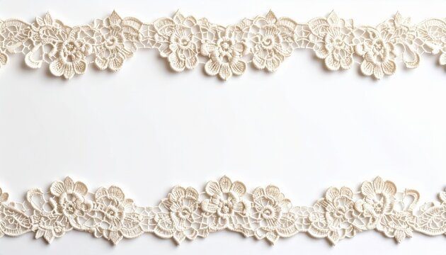 Cream Colored Floral Lace Border Against a White Backdrop with Copy Space