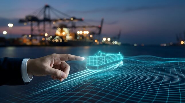Businessman pointing at a glowing 3D holographic cargo ship navigating a digital grid network. Maritime tracking concept.