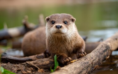 Otter Resting on Wet Riverbank During Drizzly Day in Natural Habitat