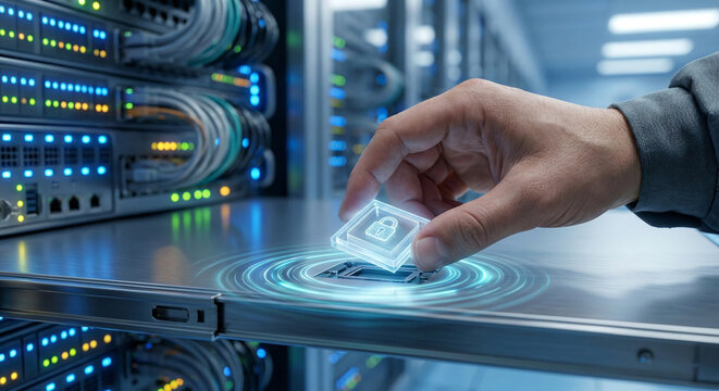 Technician installing a glowing security chip with a lock icon into a server rack in a data center