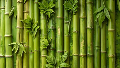 Fototapeta premium Bamboo Stalks with Green Foliage Against a Textured Backdrop in Natural Light
