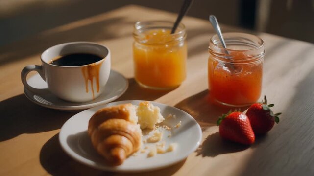 Sunny Breakfast Scene with Croissant Coffee and Fresh Juice